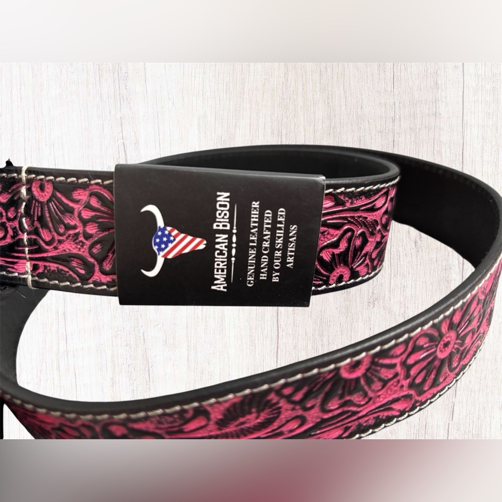 American Bison Women’s Leather Floral Tooled Belt - Picture 4 of 8